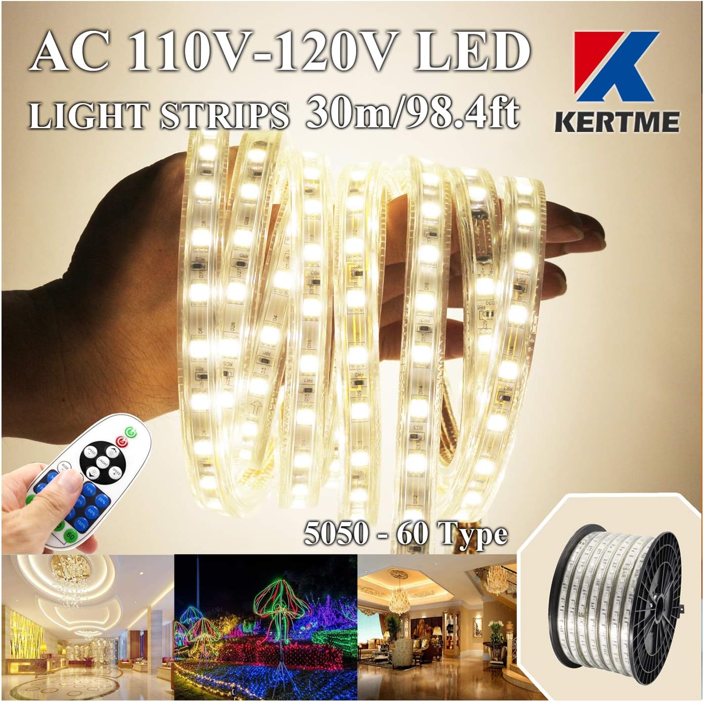 KERTME 5050-60 Type AC 110-120V RGB LED Strip Lights, Flexible/Waterproof/Dimmable/Multi-Colors/Multi-Modes LED Rope Light + 24 Keys Remote for Home/Garden/Building Decoration (164ft/50m, RGB)