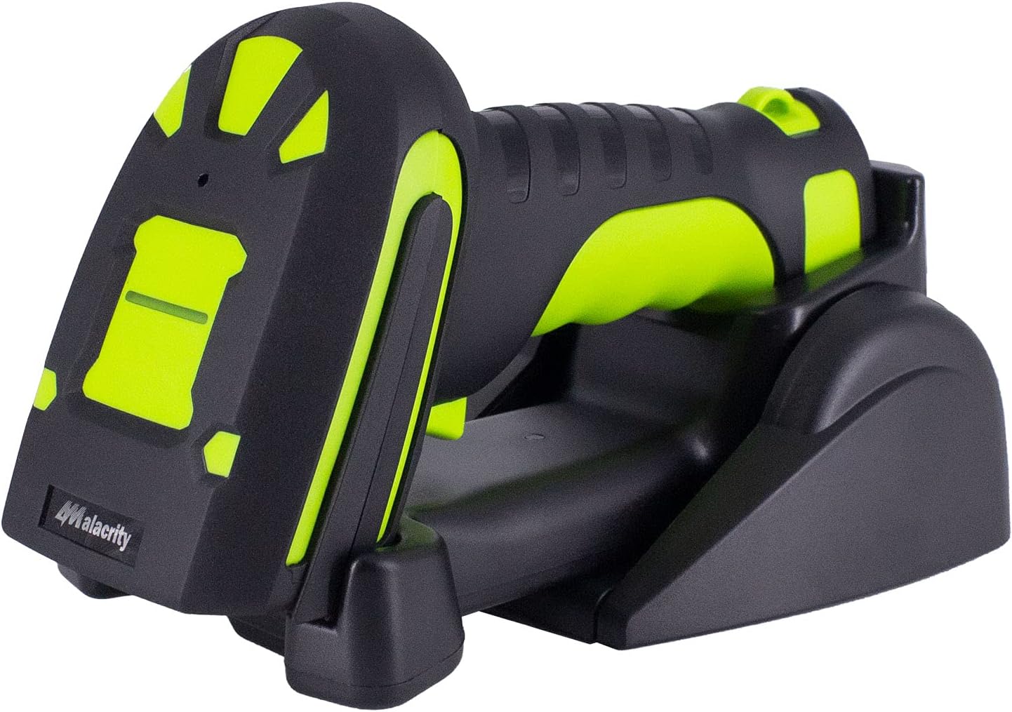 Alacrity Upgraded 2D Industrial Barcode Scanner with Wireless Charging Stand, 1968 Feet Transmission Distance 433Mhz Wireless & Bluetooth 2in1 Barcode Reader, Shock Dust Proof Hands Free Pack of 2