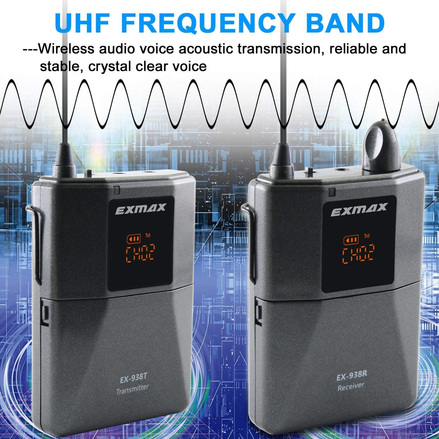 EXMAX EX-938 UHF Wireless Voice Audio Transmission Church Translation System Human Translator in Ear Device For Worship Hajj Tour Guide Interpretation Social Distancing - 1 Transmitter & 10 Receivers