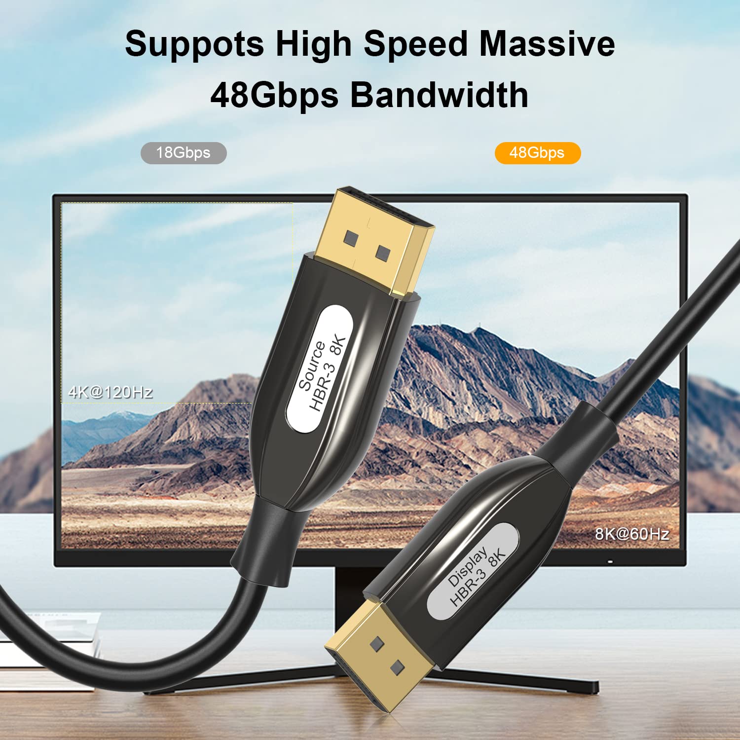 8K DisplayPort Fiber Optic Cable 33ft/10m, DP Fiber Optic Cable 1.4(33ft-100ft) (8K@60Hz 4K@144Hz) HBR3 Support 32.4Gbps HDCP 2.2 HDR Braided Display Port for TV Gaming Monitor Graphics PC Laptop