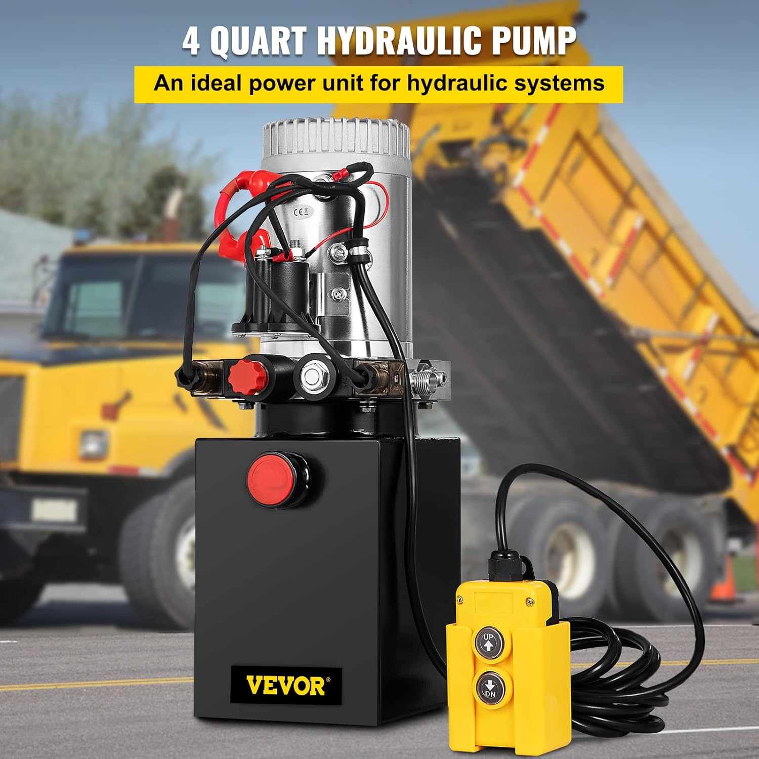 Happybuy 12V/DC Hydraulic Pump Single Acting Solenoid Operation Supply Unit W/Remote Controller Hydraulic Power Unit for Dump Dump Truck Unloading Crane Lifting (4 Quart Single Acting Steel)