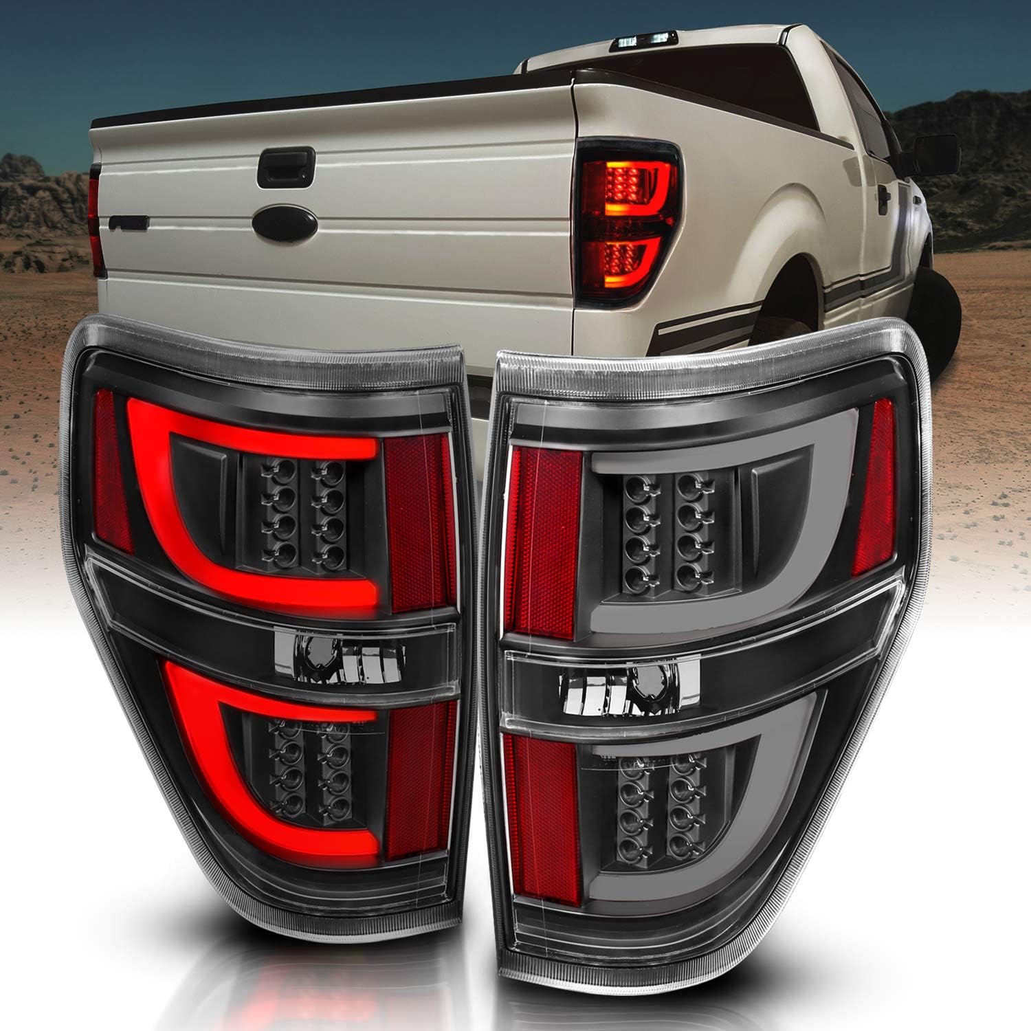 AmeriLite Light Chrome Housing Light Tint Smoke Lens LED Tube Bar Replacement Brake Tail Lights Set for Ford F-150 Truck - Passenger and Driver Side