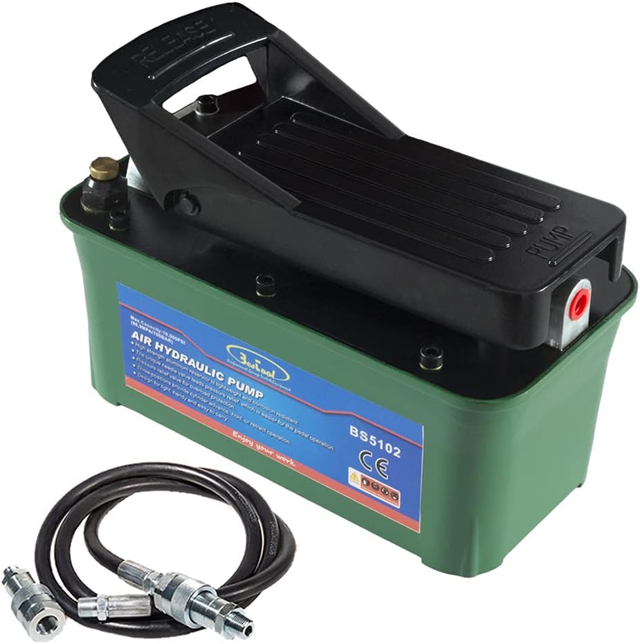 BESTOOL Air Hydraulic Pump - 10,000 PSI Hydraulic Foot Pump Pressure 1/2 Gal Air Actuated Treadle Hydraulic Pump (Single Acting) Green - with Hose