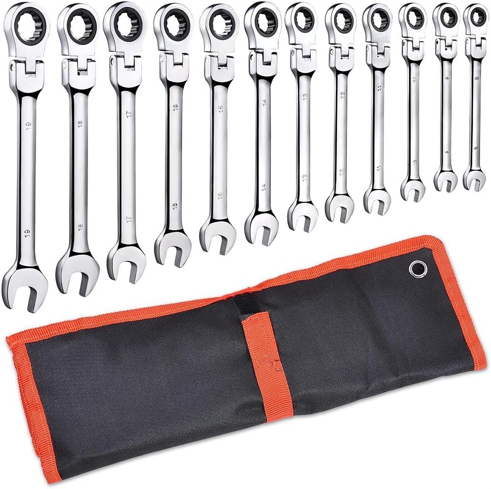 Yescom 12pc Ratchet Spanner 8-19mm Metric Wrench Flexible Head Combination Home Car Repair Tool Set Pack of 2