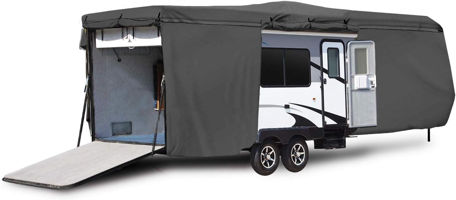 Waterproof Durable RV Motorhome Travel Trailer / Toy Hauler Cover Fits Length 22'-24' Travel Trailer Camper Zippered Panels Allow Access To The Door, Engine, Side Storage Areas, and Ramp Door, gray