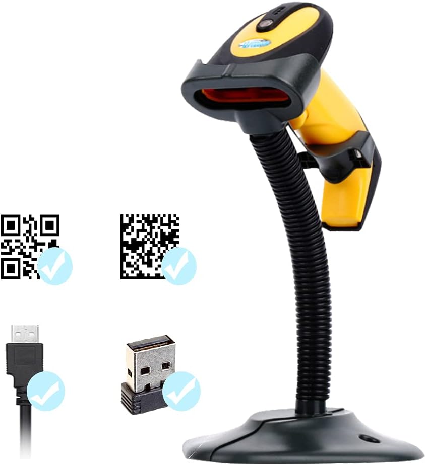 EVAWGIB Warehouse Barcode Scanner 328Feet Transmission Distance USB Cable 1D/2D Automatic QR Code Scanner Handheld Barcode Reader Wried&Wireless Barcode Scanner with 2.4GHz (EV-X2202-EE Braket) Pack of 2