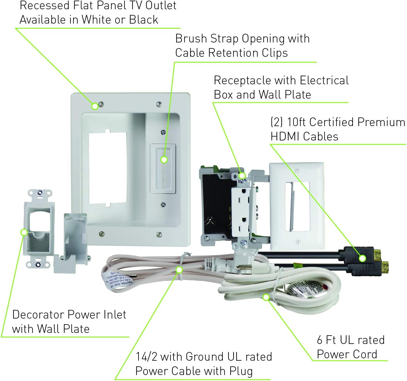 Legrand, Home Office & Theater, In Wall TV Power Kit, HDMI Included, White, 6ft Length, HT22U2WHR6C Pack of 2