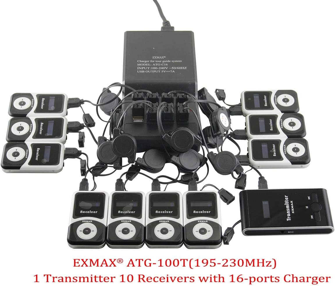 EXMAX® ATG-100T 195-230MHz Wireless Tour Guide System Social Distancing Microphone Earphone Headset for Church Translation Silent Conference Travel Traning (1 Transmitter 10 Receivers Charging Base)