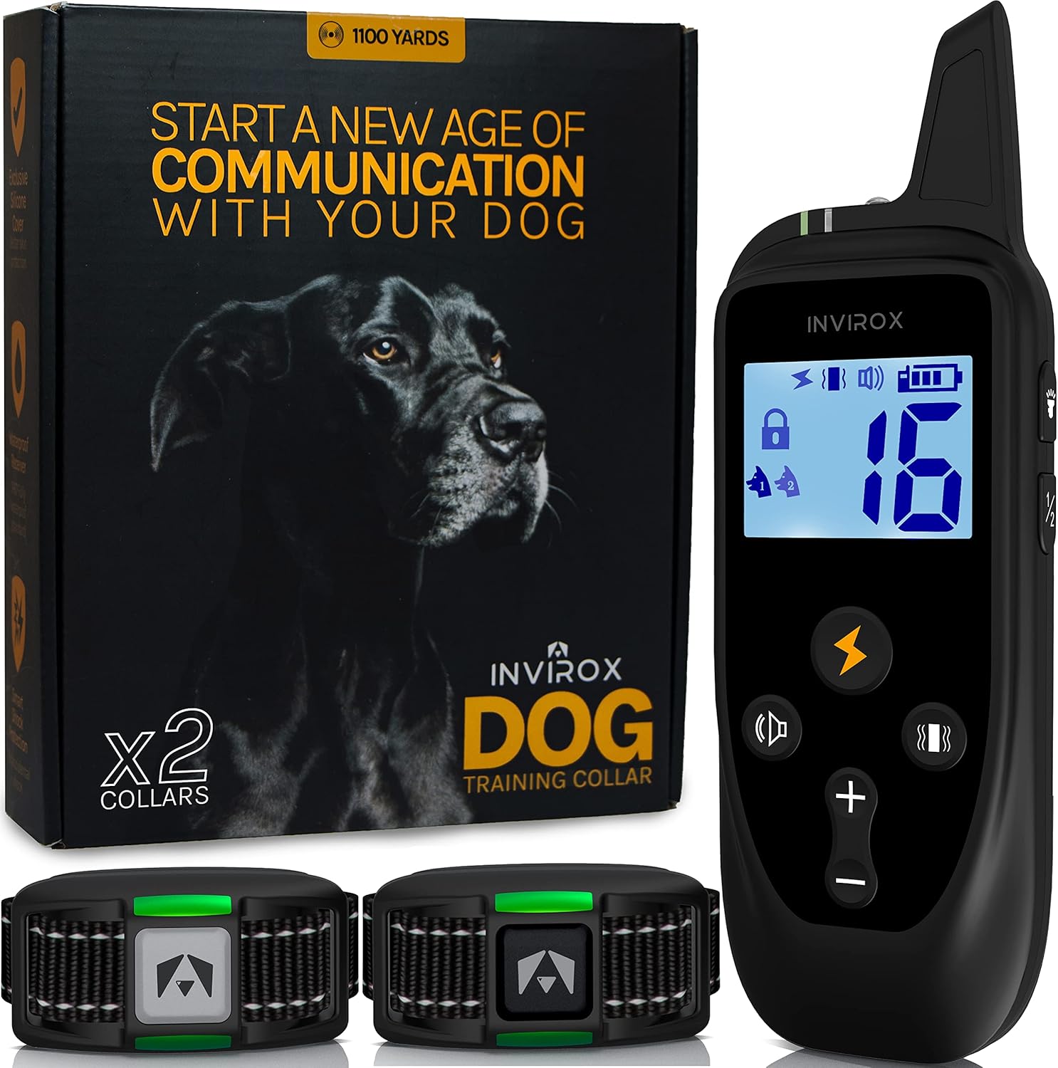 INVIROX x2 Dog Training Collar [2022 Edition] 123 Levels Dog Shock Collar for Large Dog, 1100Yards Range, iP67 with 2 Collars, Rechargeable Shock Collar for Medium Dogs Pack of 2