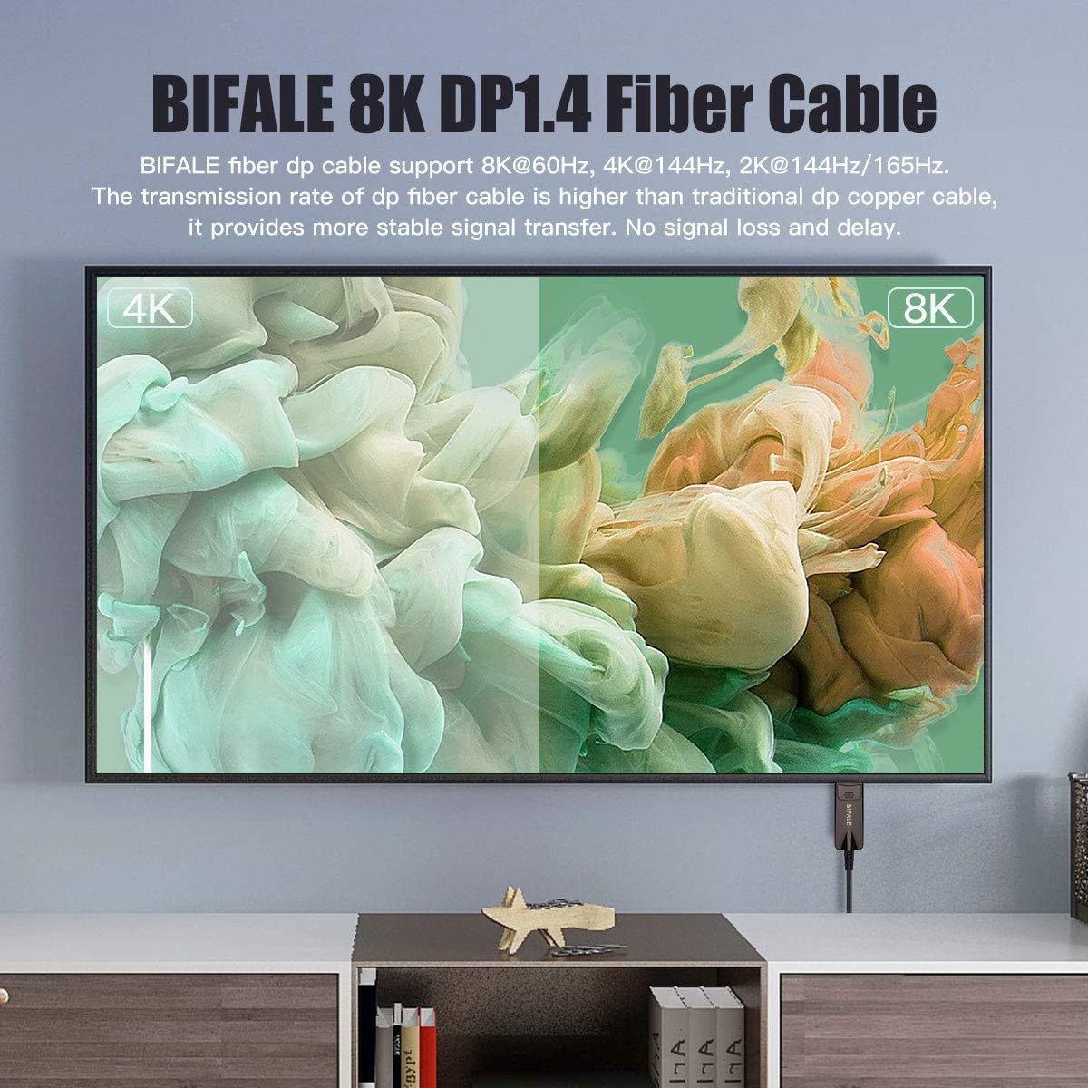 DP Fiber Optic Cable 33ft, BIFALE 8K Fiber Displayport Cable Support HBR3, DSC 1.2, HDR10, 32.4Gbps, 8K@60Hz, 4K@144Hz, Thin and Slim Fiber DP1.4 Cable-Top Series