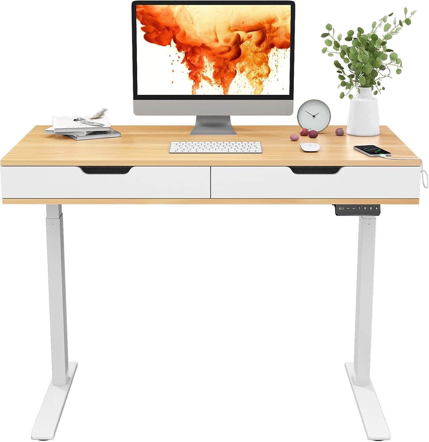 FLEXISPOT UD4 Electric Standing Desk with Drawers Sit Stand Desk Home Office Desk Mid Century White Oak 2 Button Version
