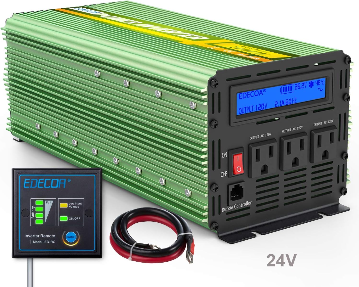 EDECOA 24V 2000W Pure Sine Wave Power Inverter DC 24V to AC 120V 110V with LCD Display and Remote Controller for RV Truck Boat