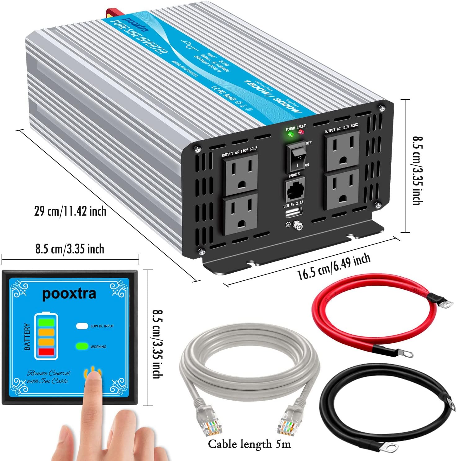 pooxtra 1500 watt Pure Sine Wave Inverter DC 24V to 110V Power Inverter with 4 AC Outlets,2.1A USB Ports and 16.4ft Remote Controller for RV Trucks Boats and Emergency