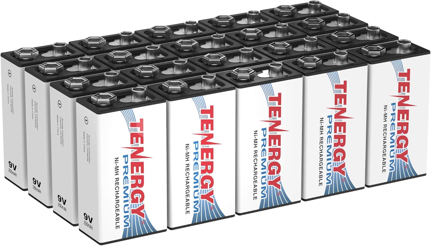 Tenergy Premium 9V Batteries Rechargeable High Drain 250mAh NiMH 9V Square Battery for Smoke Alarm/Detector, 20 Pack Pack of 2