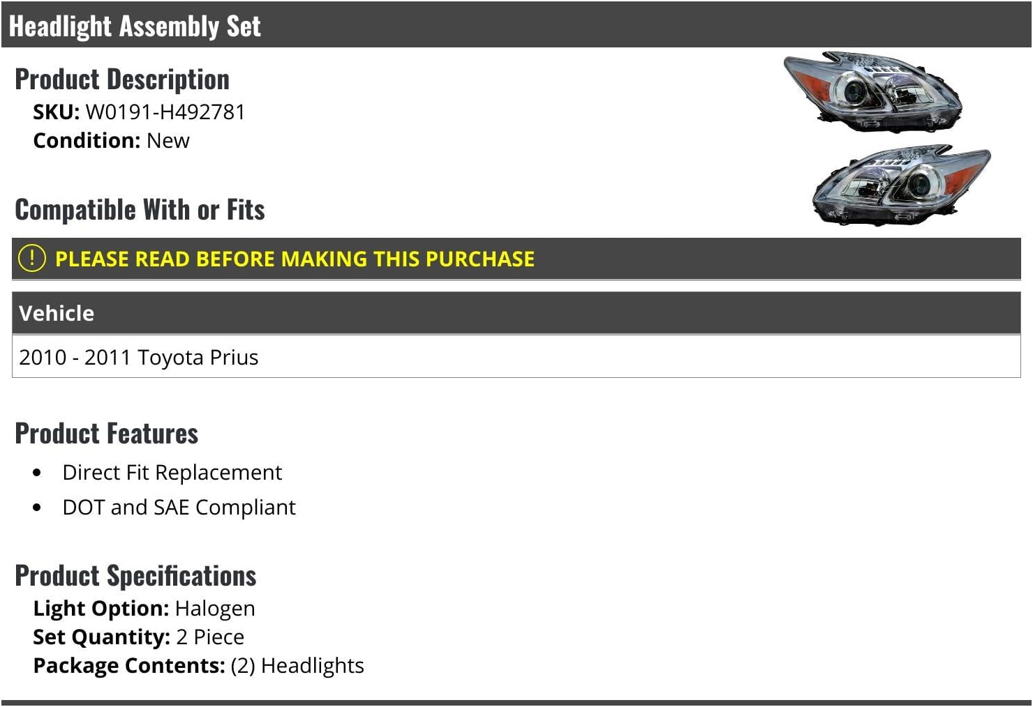 Left and Right Halogen Headlight Assembly Set of 2 - Compatible with 2010-2011 Toyota Prius