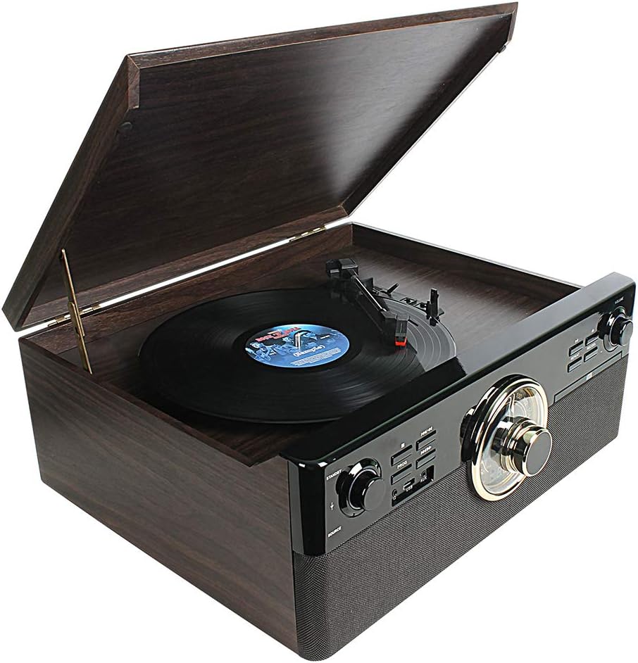 8-in-1 Bluetooth Record Player for Vinyl with Speakers & Multimedia Center, Wireless Music Streaming,Vintage Retro Turntable with Cassette,CD&USB Encoding,EQ,Prog,FM,Wood