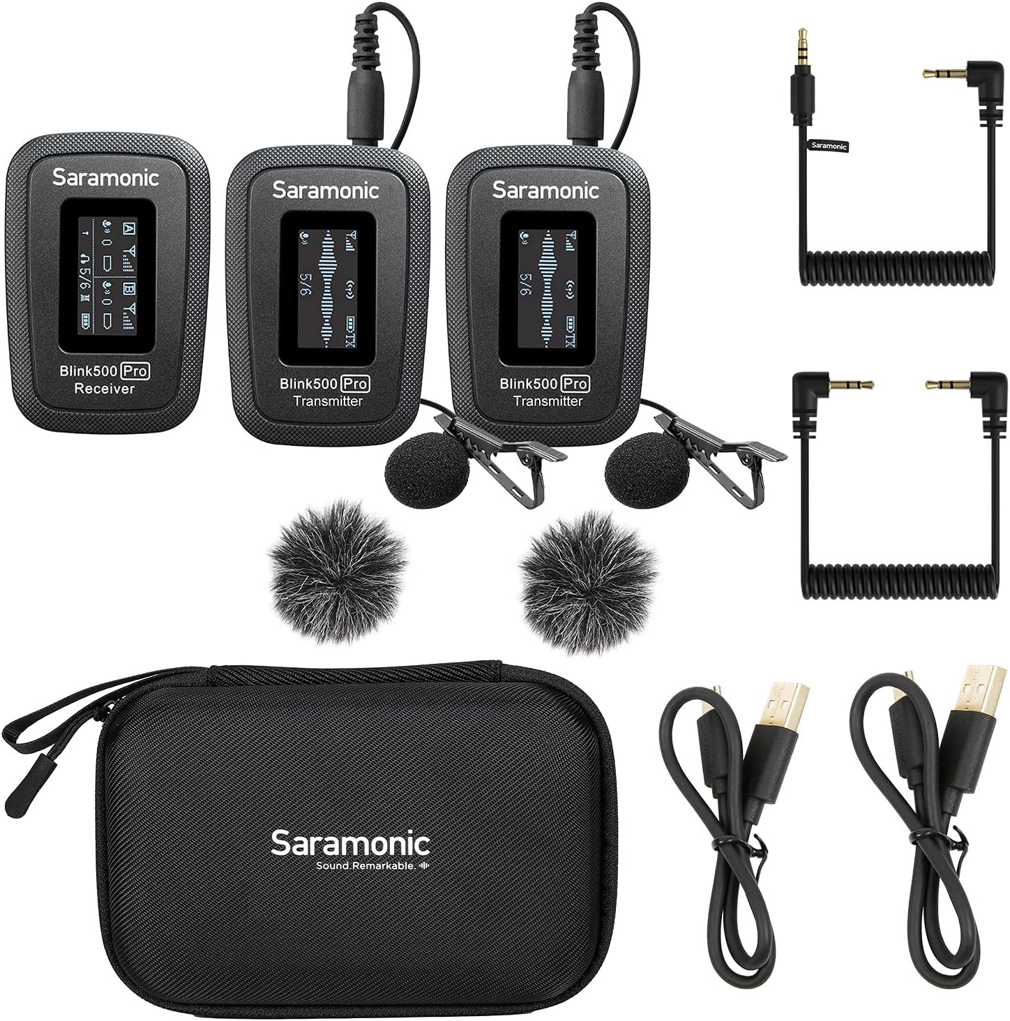 Blink500 PRO B2 Wireless Lavalier Microphone VLog, Saramonic 2.4GHz Dual-Channel Stereo Mic with Charging Case, OLED Display & 3.5mm Headphone Output for DSLR, Video Cameras, Smartphones, Tablets