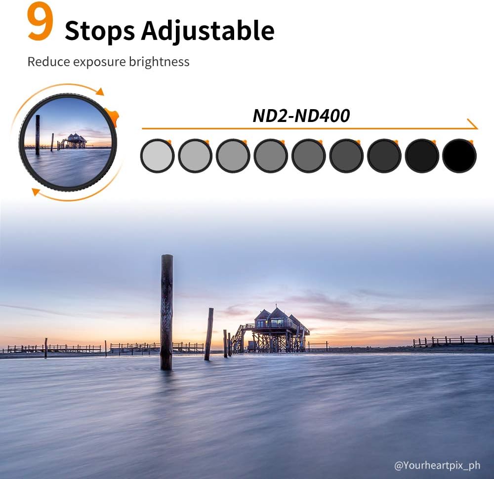 K&F Concept 52mm Variable ND Filter ND2-ND400 (1-9 Stops) with Putter HD 28 Multi-Layer Coatings Import AGC Glass Adjustable Neutral Density Filter for Camera Lens Pack of 2
