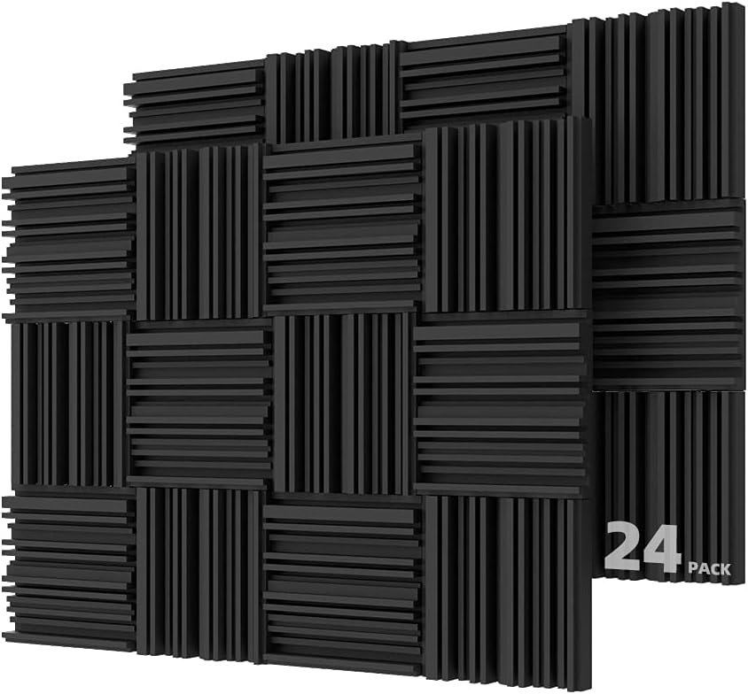 PUWEER Acoustic Panels 24 Pack 2 X 12 X 12 Acoustic Foam Panels Periodic Groove Black & Blue Pack of 2