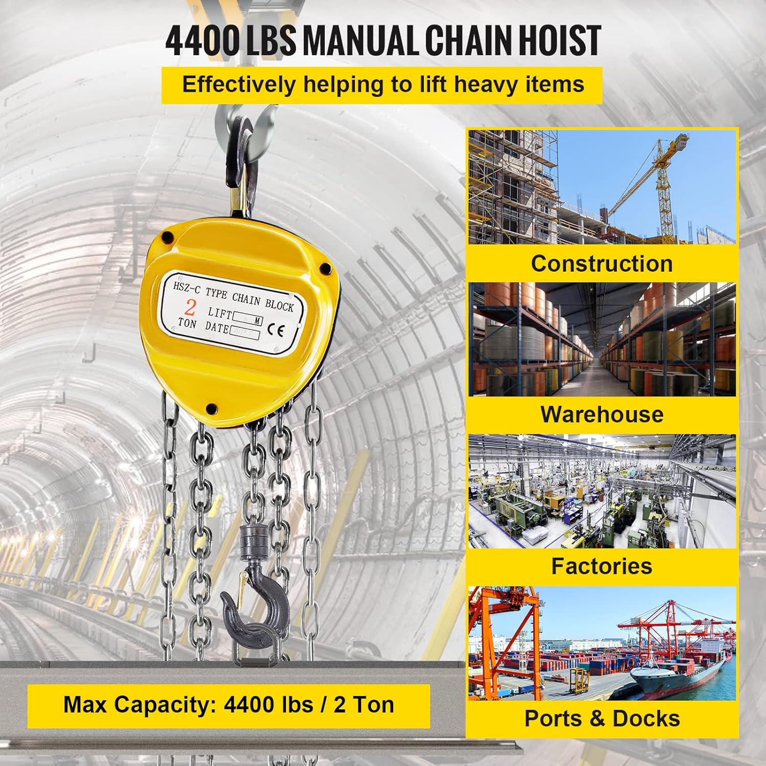 BestEquip Chain Hoist 4400lbs/2ton Chain Block Hoist Manual Chain Hoist 3m/10ft Block Chain Hand Chain Lifting Hoist w/Two Hooks Chain Pulley Tackle Hoist Winch Lifting Pulling Equipment Yellow Pack of 2