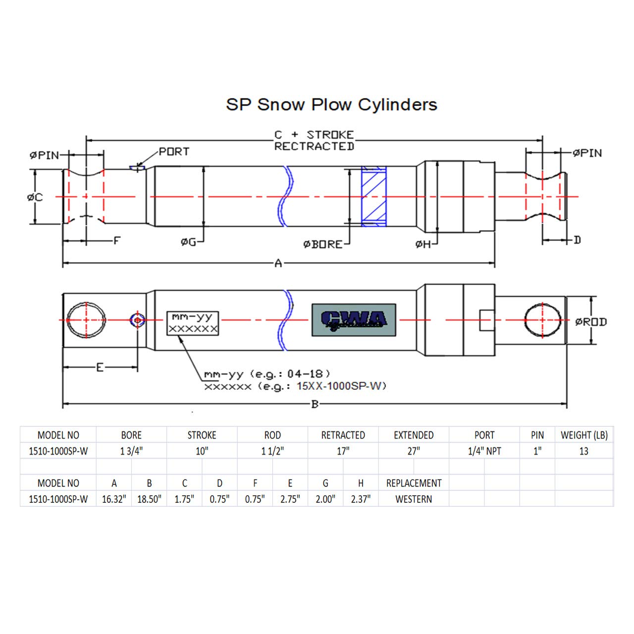 CWA Hydraulics SP Snow Plow Cylinder 1 1/2