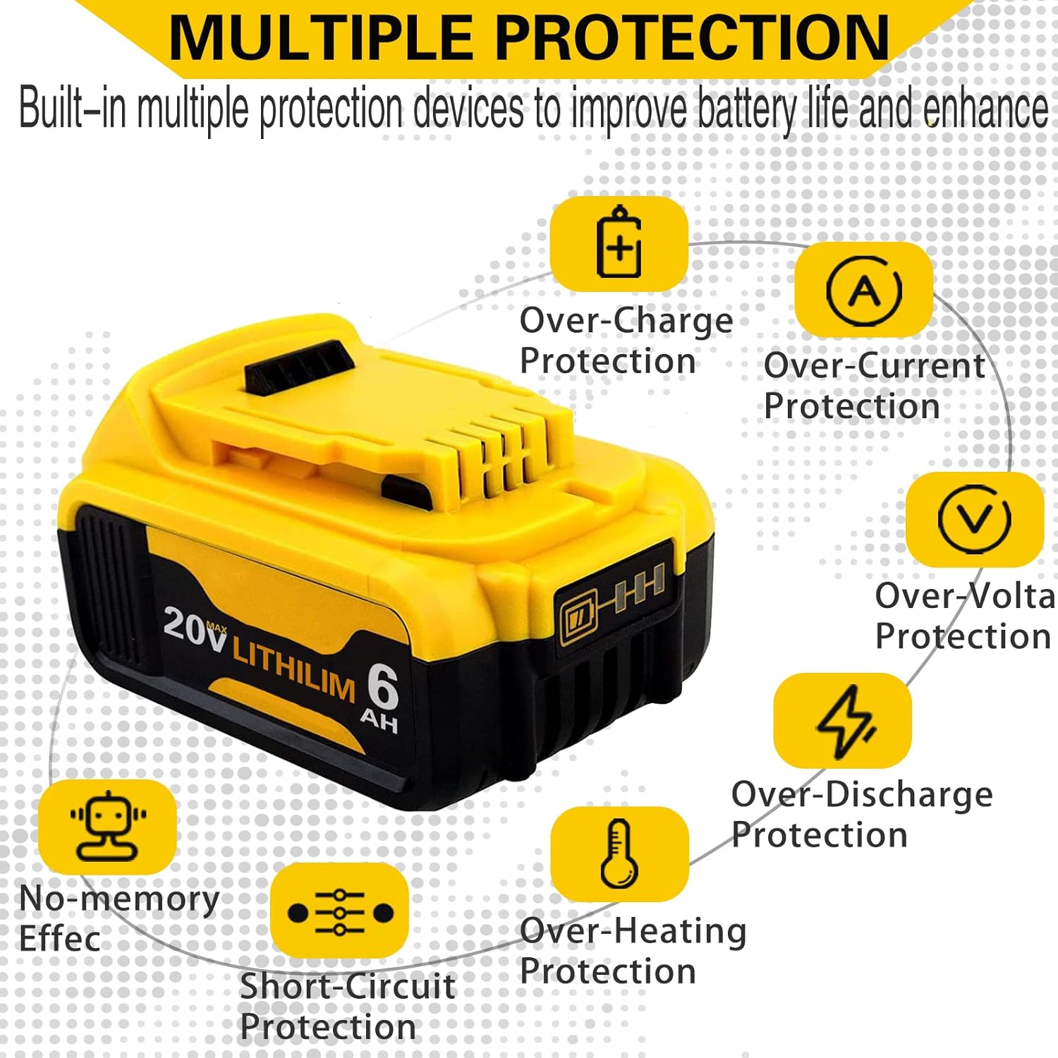 Upgraded 2Pack DCB206 6.0Ah Replacement Battery Compatible with Dewalt 20V Battery MAX Lithium Ion DCB205 DCB204 DCB203 DCB201 DCB200 DCB181 DCB180 DCD/DCF/DCG/DCS Series Cordless Power Tools Pack of 2