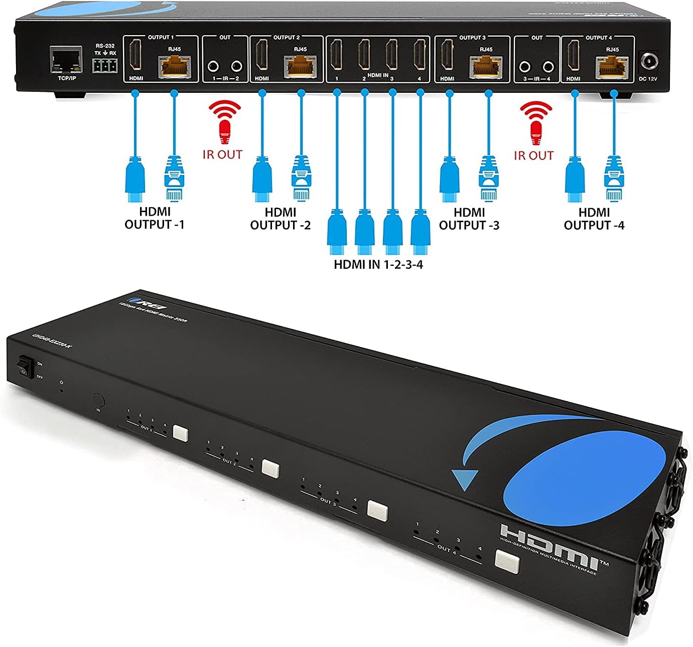 4K 4x4 HDMI Extender Matrix by OREI - UltraHD 4K @ 60Hz 4:4:4 Over Single CAT5e/6/7 Cable with HDR Switcher & IR Control, RS-232 - Up to 230 Ft - 1080P Downscale - 4 x Loop Out - 4 Receivers Included