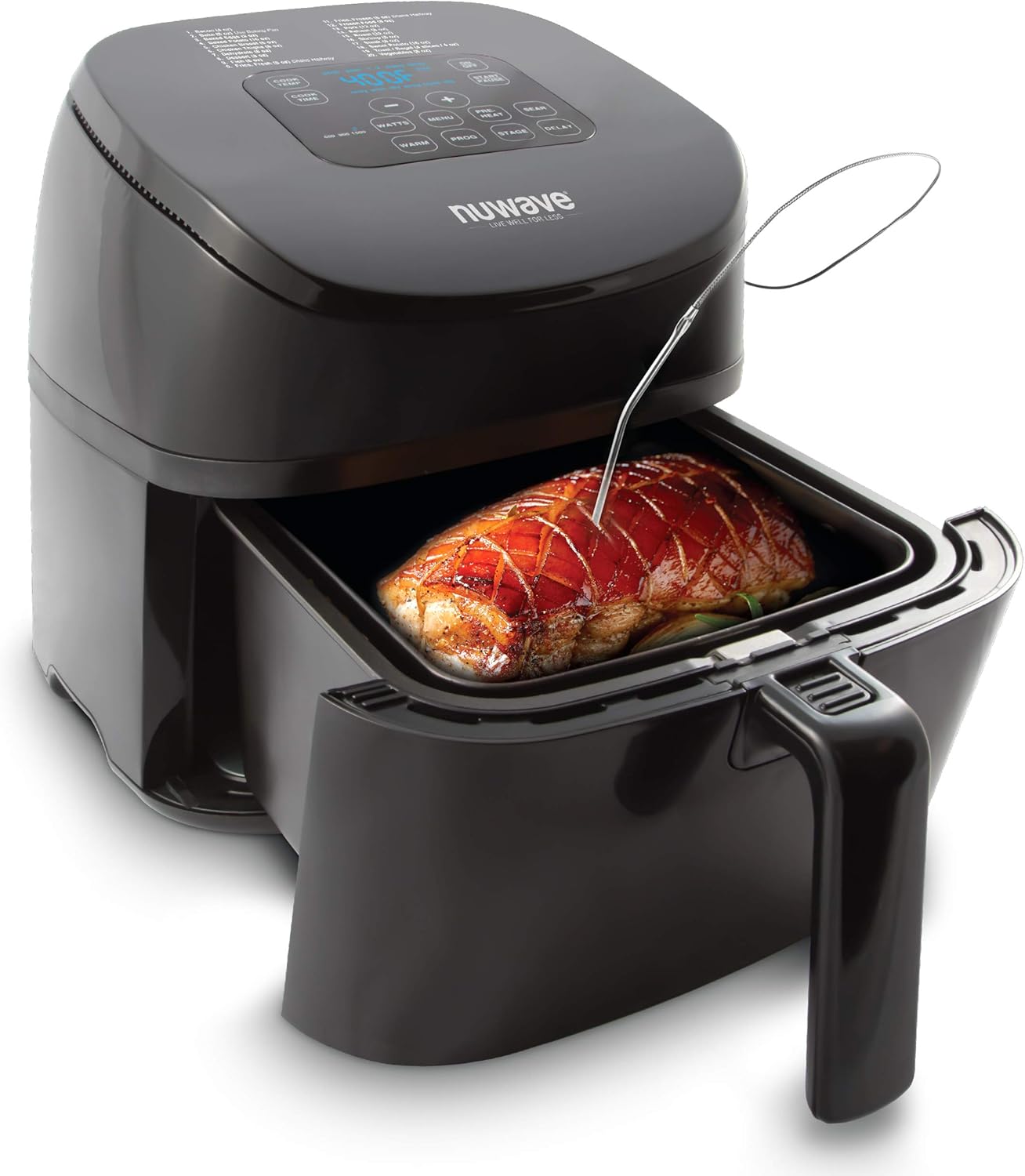 NUWAVE Brio 4.5-Quart Digital Air Fryer includes precise temperature control, one-touch digital controls, 6 easy presets, wattage control, recipe book, Nuwave Cooking Club App, and advanced functions like PREHEAT or REHEAT