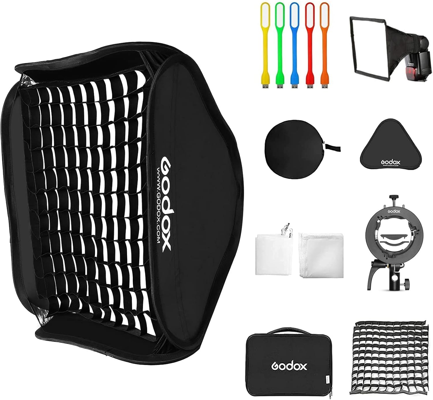 GODOX 24x24inch / 60x60cm Foldable Flash Softbox &Grid with Godox S2 S-Type Speedlite Bracket Bowens Mount and Carrying Case for Camera Speedlight Studio Video Shooting Portraits Product Photography Pack of 2