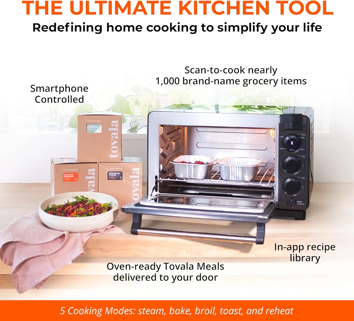 Tovala Gen 2 Smart Steam Large Countertop WiFi Oven | 5 Mode Programmable Oven and Smartphone Controlled | Toast, Steam, Bake, Broil and Reheat | Black & Stainless Steel Convection and Toaster Oven