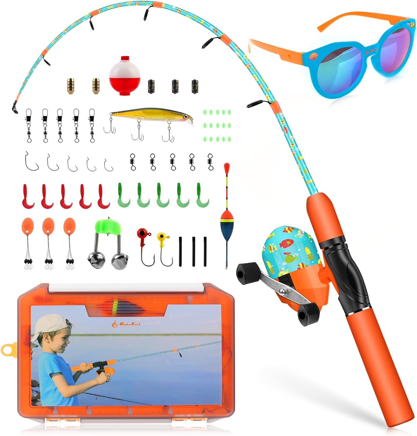 QudraKast Kids Fishing Pole, Portable Kids Fishing Rod and Reel Combo - Melding Funny Cartoon Pattern on Rod and Reel, Perfect Fishing Kit Gift for Kids Pack of 2