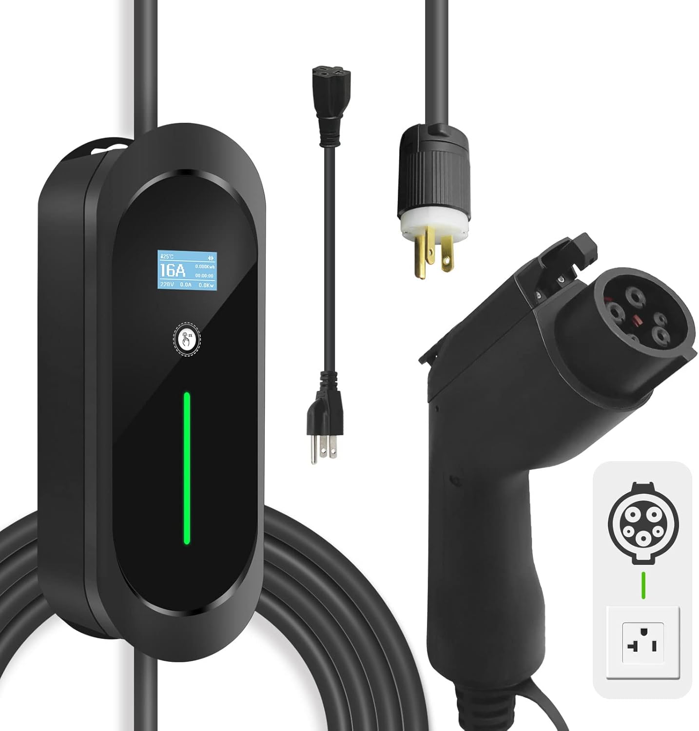 EVCARS Level 2/1 EV Charger 16A 25FT 110-240V Portable EVSE NEMA 6-20 Plug with NEMA 5-15 Adapter Electric Vehicle Car Charging Station (SAE J1722, Adjustable Amp 8A/10A/13A/16A, Time Delay)