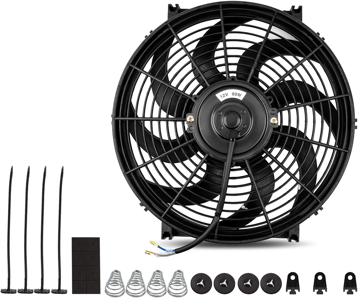 Universal High Performance Reversible 14 Inch Engine Radiator Cooling Fan with Mounting Kit 2000 CFM 12 Volts 7.5 Amps 90 Watts Pack of 2