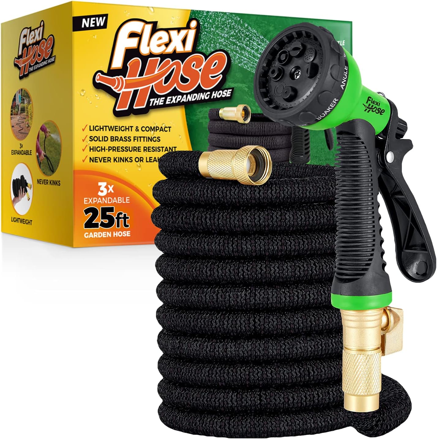 Flexi Hose with 8 Function Nozzle Expandable Garden Hose, Lightweight & No-Kink Flexible Garden Hose, 3/4 inch Solid Brass Fittings and Double Latex Core, 100 ft Black Pack of 2