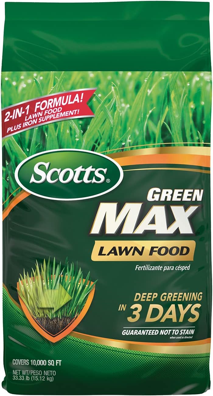 Scotts Green Max Lawn Food - Lawn Fertilizer Plus Iron Supplement Builds Thick, Green Lawns - Deep Greening in 3 Days - Covers 10,000 sq. ft. Pack of 2