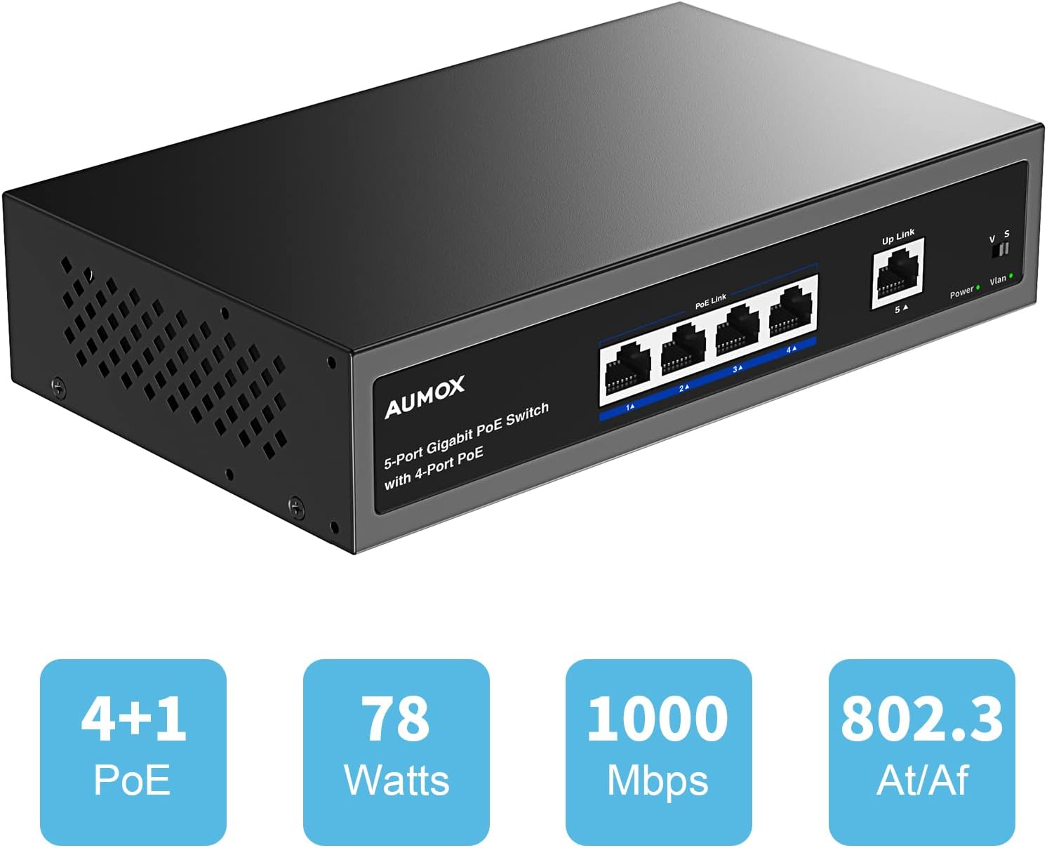 Aumox 5-Port Gigabit PoE Switch with 4 x PoE 78W, Upgraded Fast Network Switch, Durable Metal Casing, IEEE802.3At/Af, Traffic Optimization, Plug and Play Unmanaged Ethernet Switch. Pack of 2