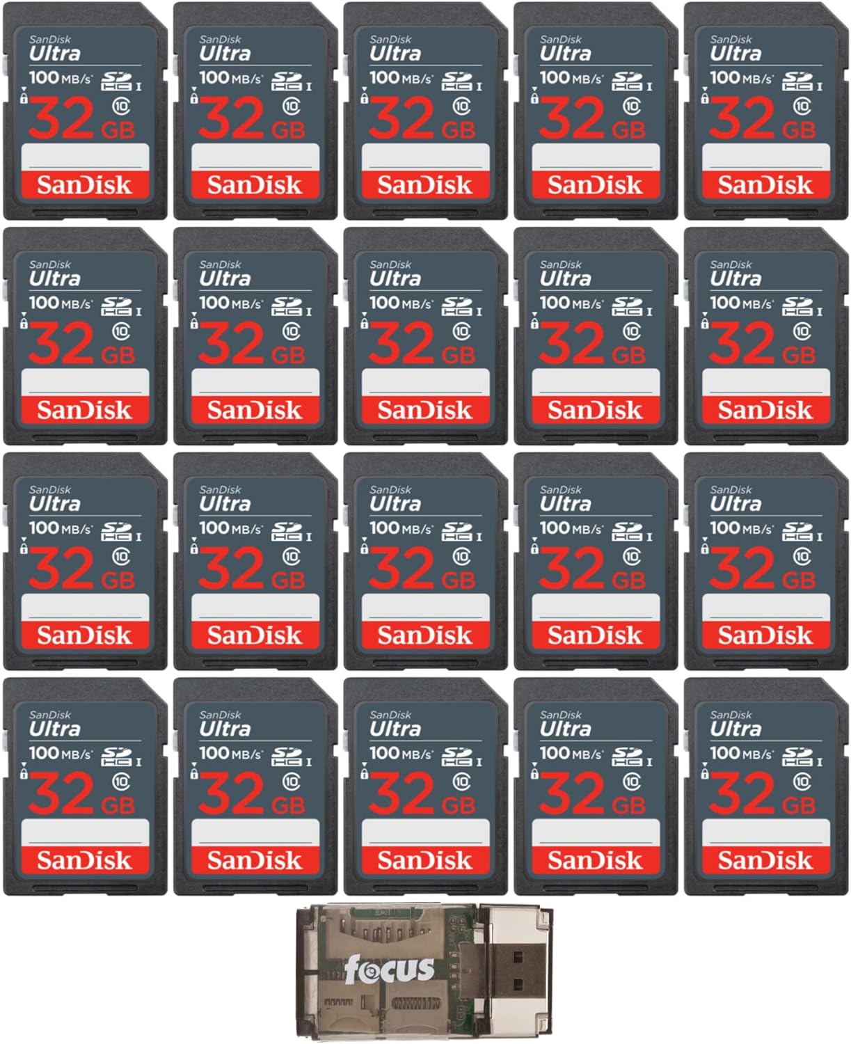 SanDisk 32GB Ultra SDHC UHS-I Memory Card (20-Pack) with Focus high Speed Card Reader (21 Items)