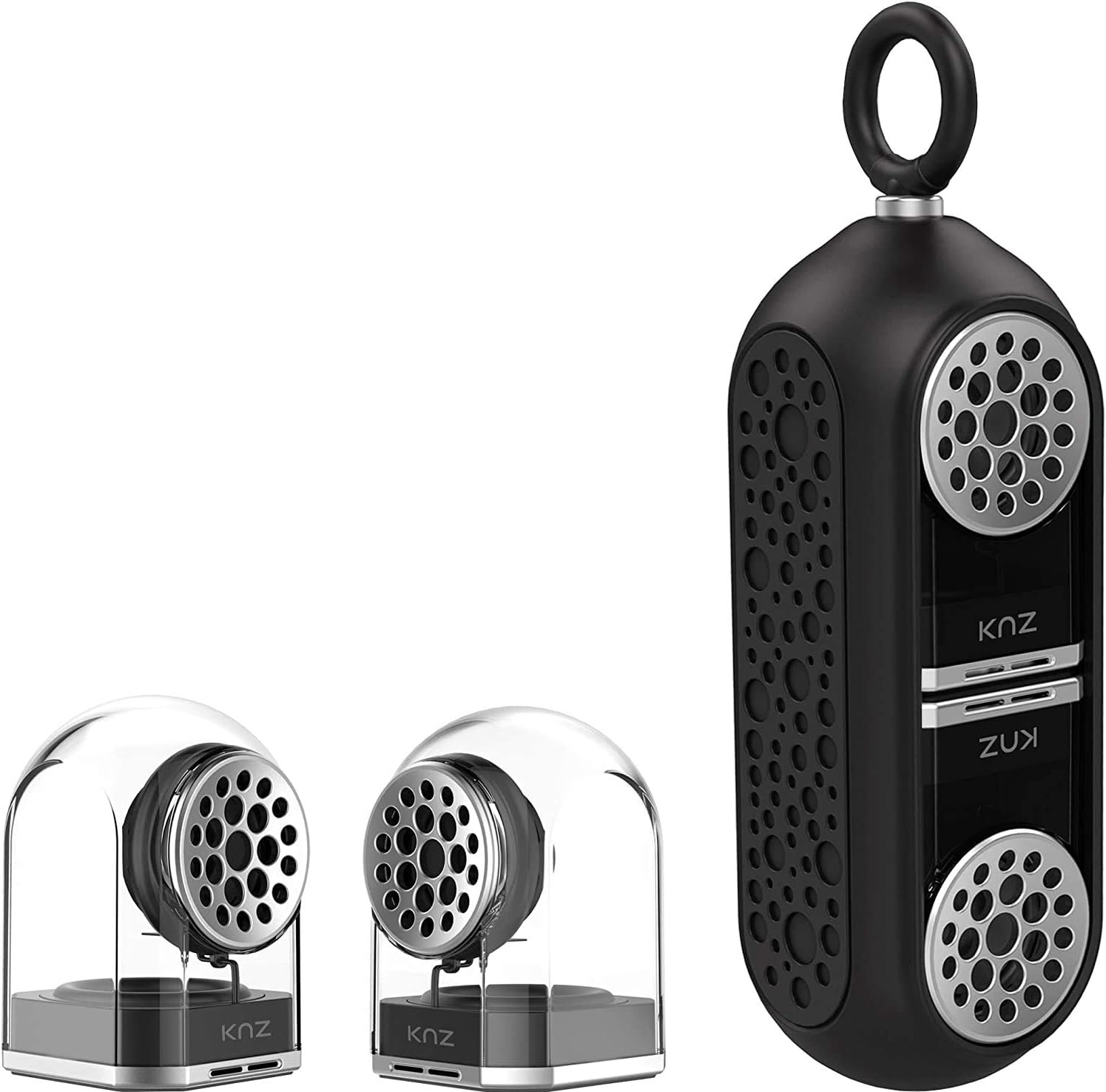 KNZ GoDuo Portable Bluetooth True Wireless Speakers with Magnetic Connectable Base, L/R Stereo Sound and Bass, Water and Shock Resistant, 18 Hr Playtime (Smoke) Pack of 2