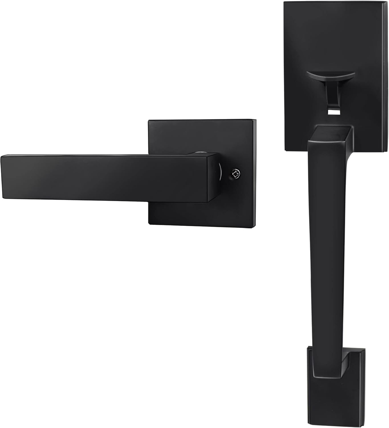 Azdele Front Door Handleset Black Entry Door Handle Set with Door Lever for Right and Left Handed Sided Doors, Single Cylinder Door Handle Set with Lower Half Lever, Matte Black Pack of 2