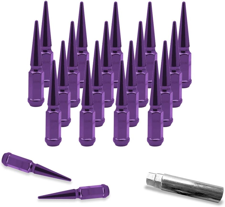 CA Supplies 20PCs 9/16-18 Spike Purple Solid Steel Lug Nuts 4.5 INCHES Tall with Key Pack of 2