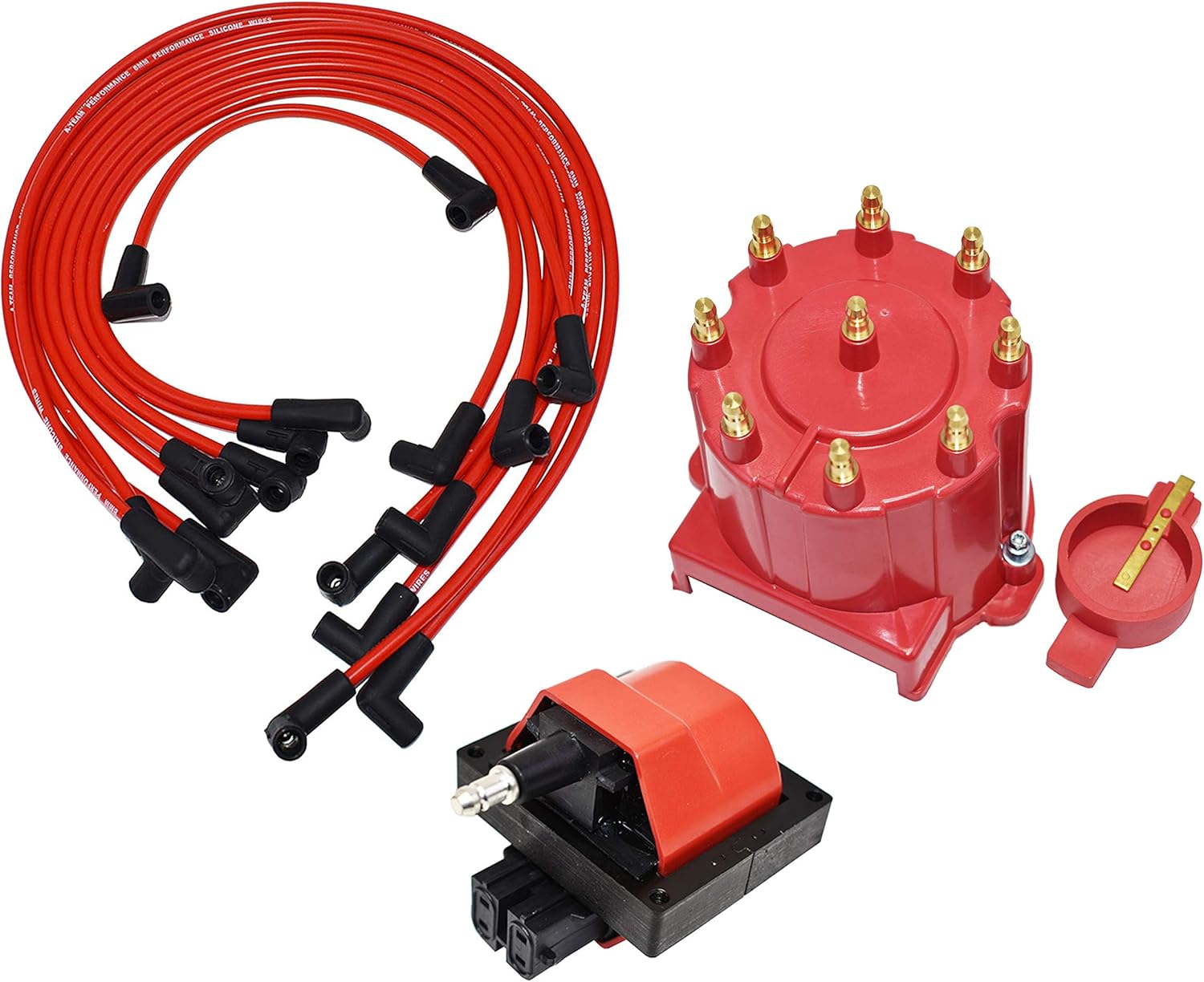 A-Team Performance - 8-Cylinder EFI Distributor Cap, Rotor, Remote Ignition Coil Tune Up Kit, and 8.0mm Spark Plug Wires Kit - Compatible with 87-94 Chevy GM 5.0L 5.7L 7.4L 454 305 350, Red