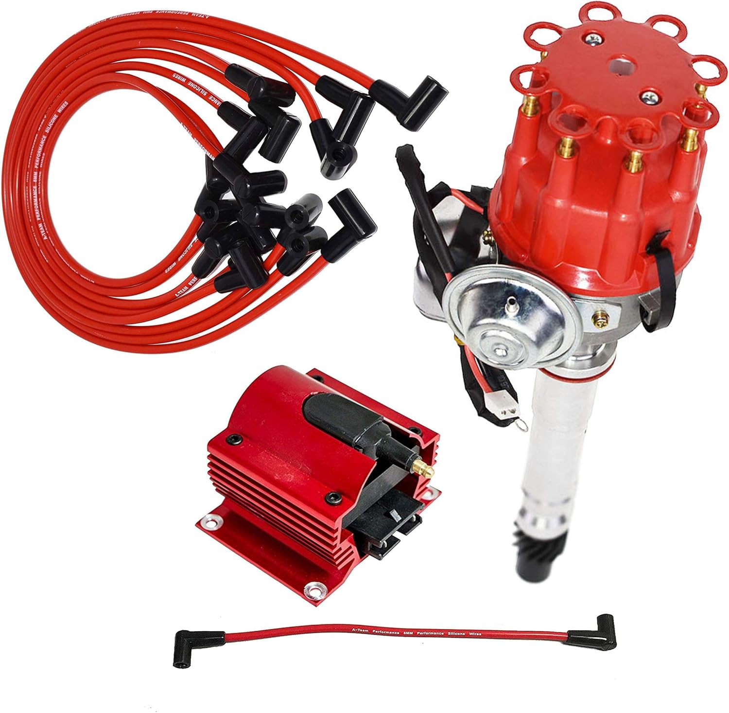 A-Team Performance - Ready 2 Run Distributor, 8.0mm Over the Valve Spark Plug Wires, 50k Volts E-Coil, and Coil Wire - Compatible with Chevrolet Small Block 262 283 305 327 350 400 Red Cap
