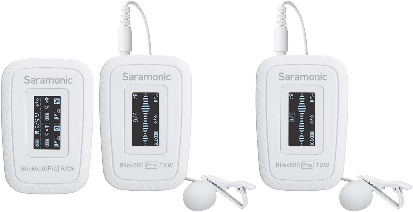 Blink500 PRO B2W Wireless Lavalier Microphone VLog, Saramonic 2.4GHz Dual-Channel Stereo Mic with Charging Case, OLED Display & 3.5mm Headphone Output for DSLR, Video Cameras, Smartphones, Tablets