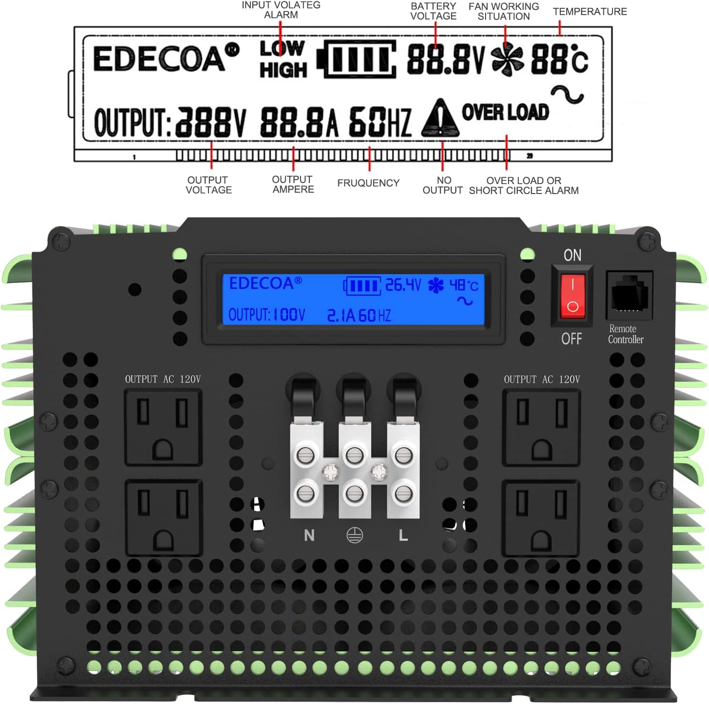 EDECOA 3500 Watt 24V Pure Sine Wave Power Inverter DC 24V to 120V 110V AC with LCD AC Terminal Block (3500W/24V V3.1 ( ET-RC Remote))