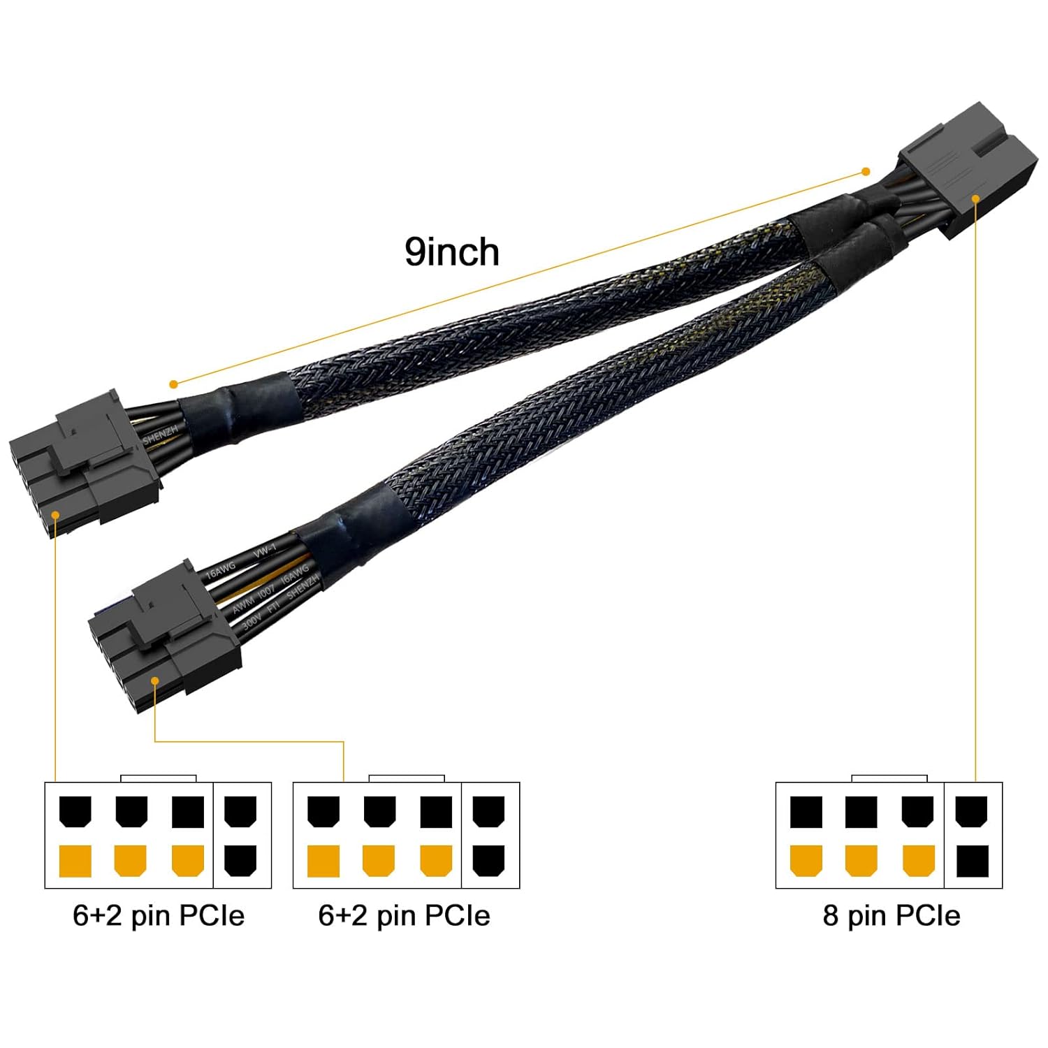 16AWG GPU VGA 8 Pin PCIE Splitter to Dual 8 Pin(6+2) Power Adapter Cable,Pci Express Graphics Card GPU 8Pin Extension Power Cable 9ich 12 Pack Pack of 2