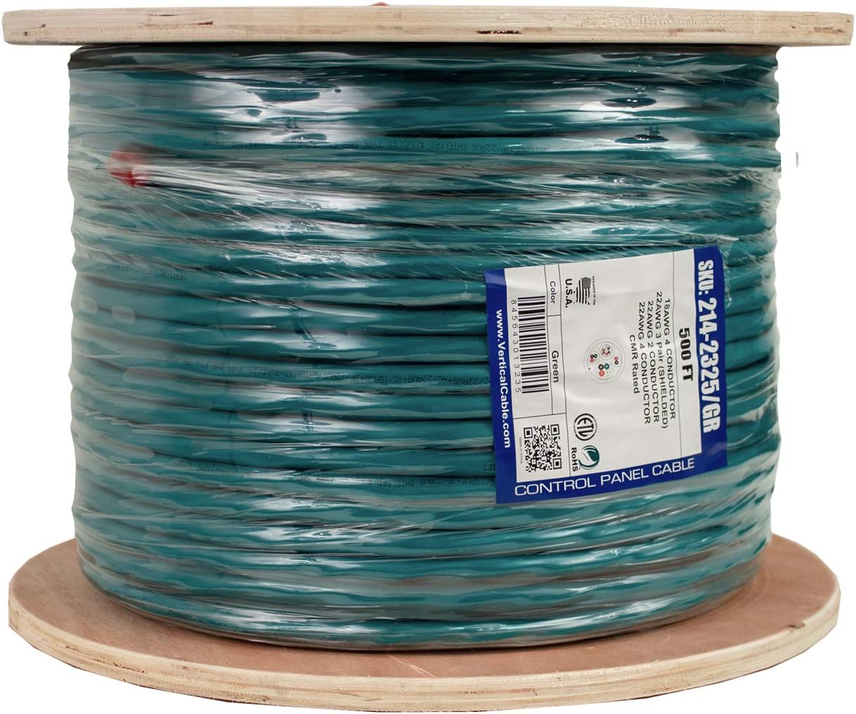 Access Control Cable Riser: 22AWG/3 Pair Shielded + 18AWG/4 Conductor + 22AWG/4 Conductor + 22AWG/2 Conductor, Stranded Bare Copper Conductors, Green, 500ft Spool