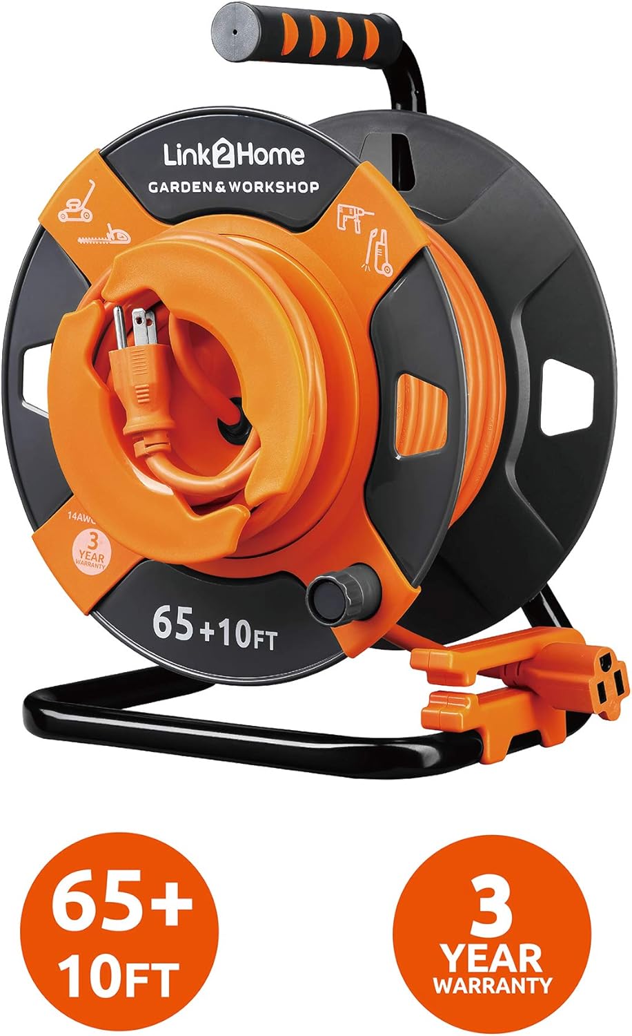 Link2Home Garden and Workshop Cord Reel 75 ft. Extension Cord 4 Power Outlets – 14 AWG SJTW Cable. Heavy Duty High Visibility Power Cord Pack of 2