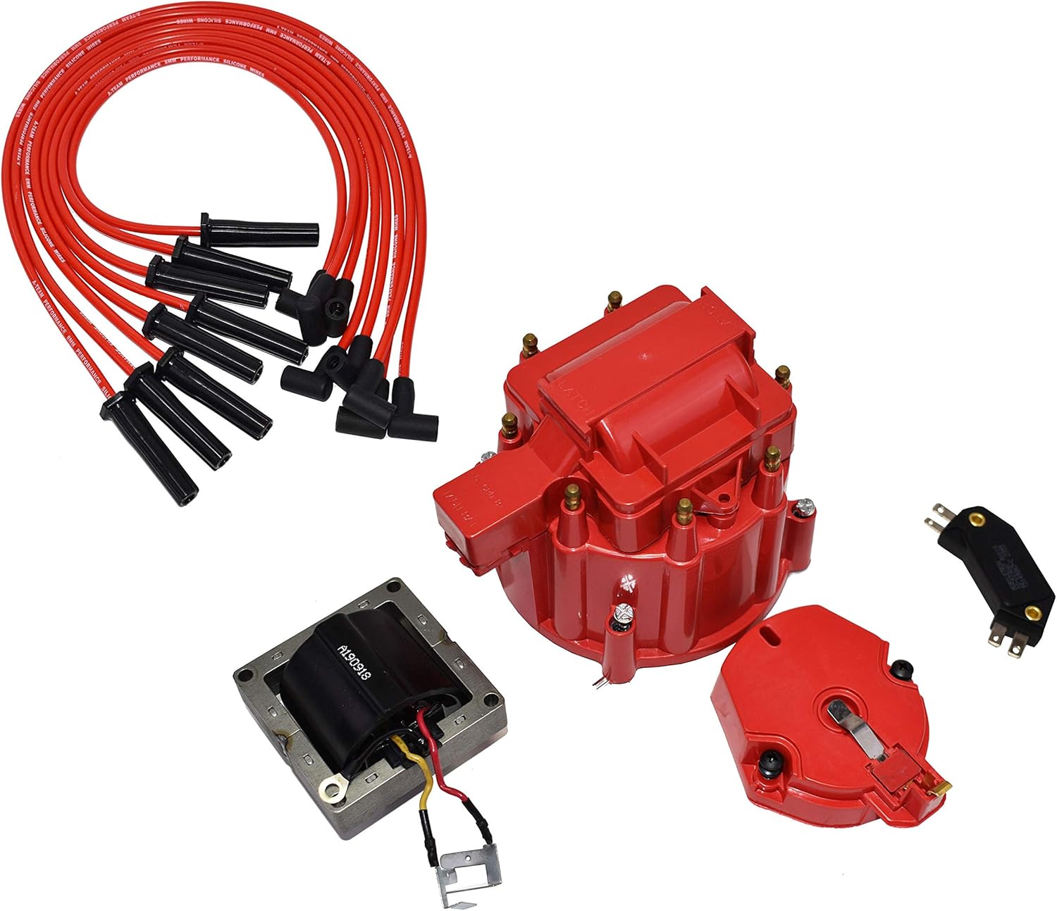 A-Team Performance - 8-Cylinder Male Cap, 65K Volt Coil HEI Distributor Tune Up Kit, and 8.0mm Silicone Spark Plug Wires - Compatible with Chevrolet Big Block BBC 396, 402, 427, 454 Red Pack of 2