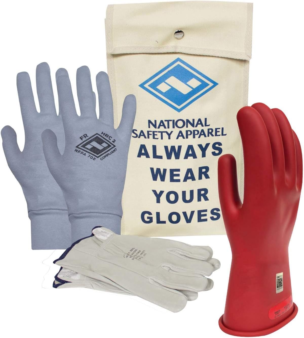 National Safety Apparel Class 0 Red Rubber Voltage Insulating Glove Premium Kit with FR Knit Glove and Leather Protectors, Max. Use Voltage 1,000V AC/ 1,500V DC (KITGC009RAG)