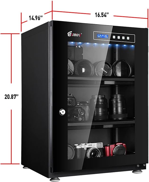 Eirmai Digitally Controlled Dehumidifying Dry Cabinet with Key Lock for Camera Lens, Electronic Equipment and Precious Valuables (70L) 70 Liter Capacity